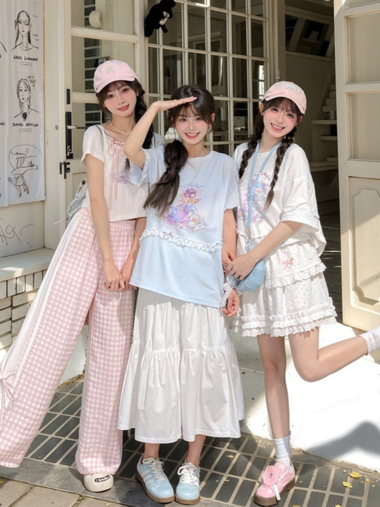 ブルー ラウンドネック レース ルーズ Tシャツ アップリケ 蟹座 星座プリント