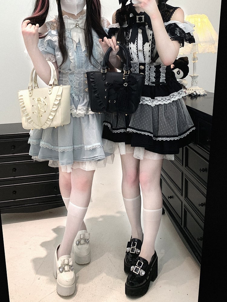 Waist Sweetheart Buttons Trim High Lace Black/Pink/Blue