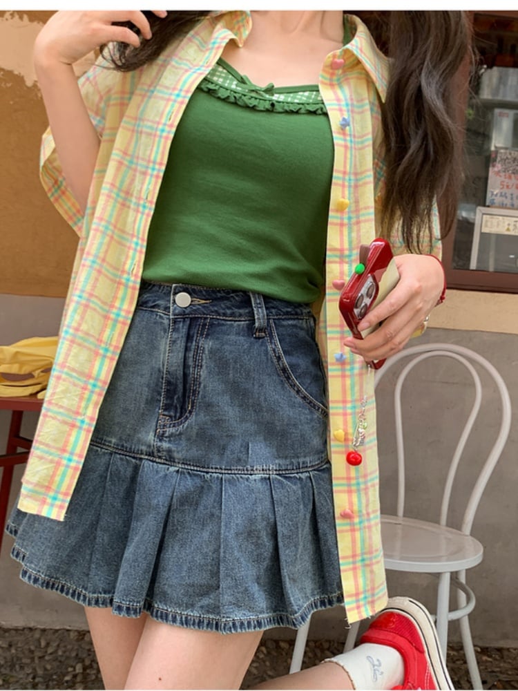 ウエストプリーツデニムスカート ブルーハイ