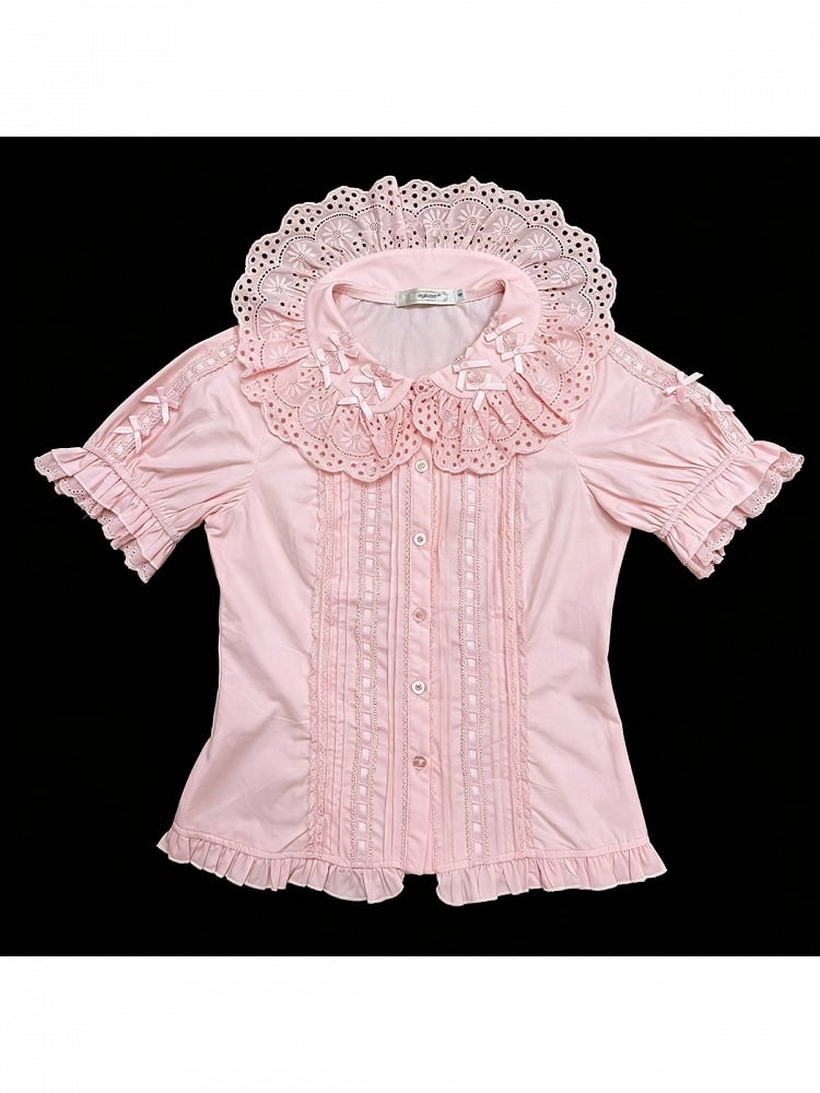 Pink Sweet Lolita Short Sleeve Cotton Blouse Bow Summer