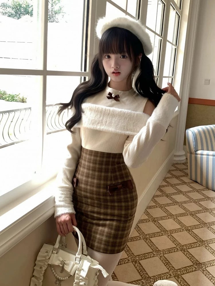 Dress Two-Piece Plaid Panel Brown Knit Open with Beige Faux Design Shoulder