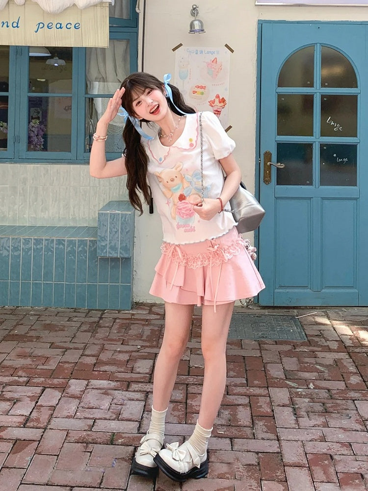 漫画のクマのプリント裾ホワイトピーターパンカラーパフスリーブコントラストレタスTシャツ