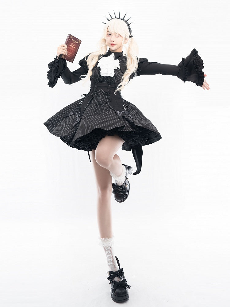 Black Striped Pattern Short Sleeves Lolita Dress with Separate Jabot Collar