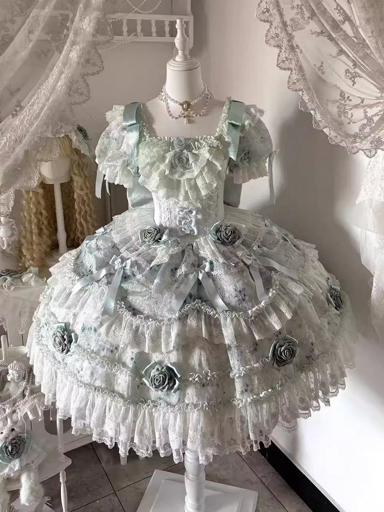 Lolita with Hime Accents Multi-Layered Ruffle Green Puffy Dress Rose