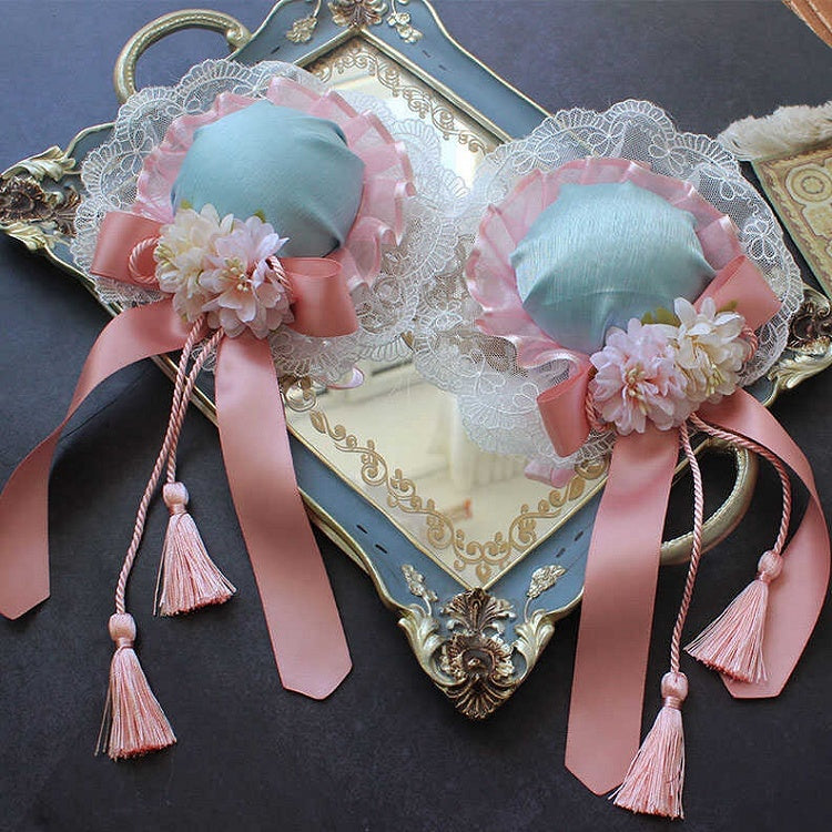 Cheongsam Style Blue Floral Hairclips Design Pink And