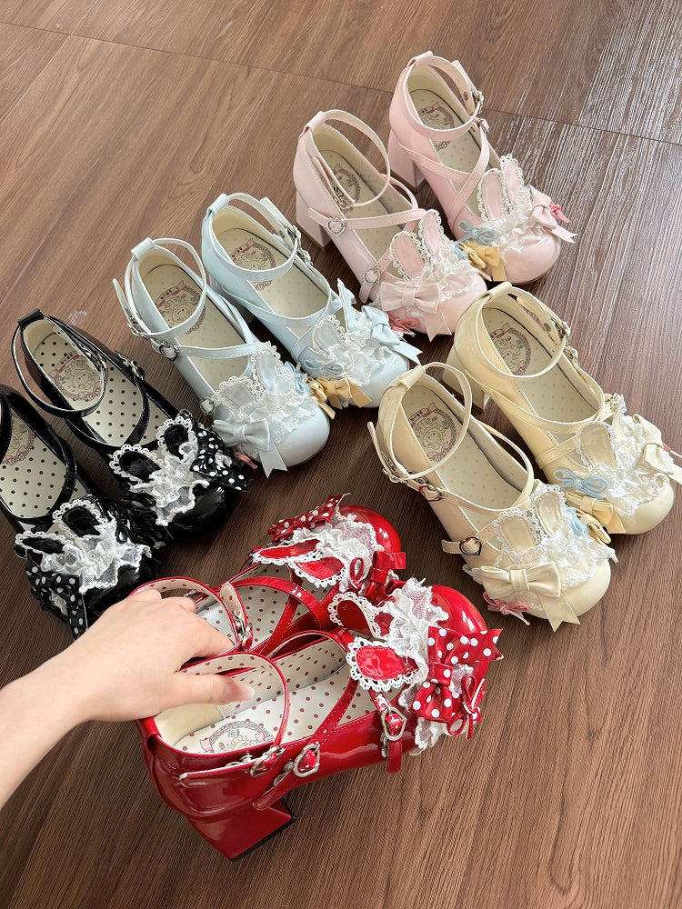 Decor Shoes Bows Sweet 6.5cm Heeled Heart Snap Bunny Lolita with - Theme Black