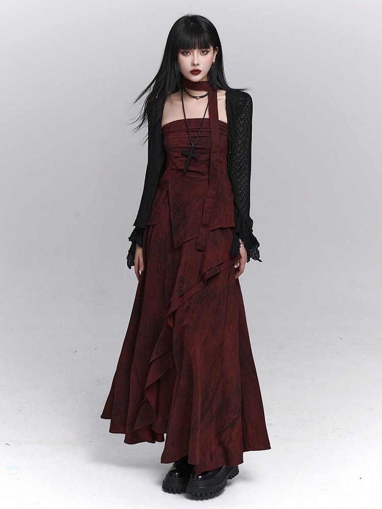 Red Ankle-Length Gothic Splatter Skirt with Distressed