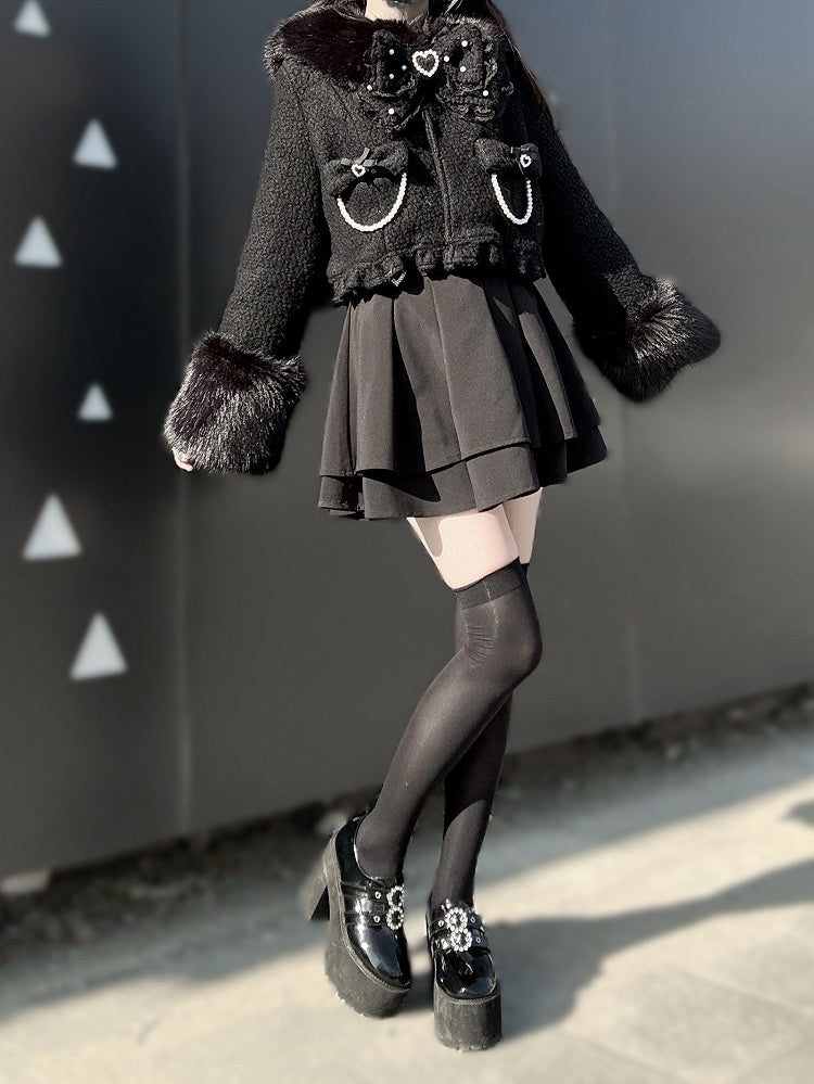 Bow Decor Black Jirai Beaded with Short Fuzzy Kei Chain Coat
