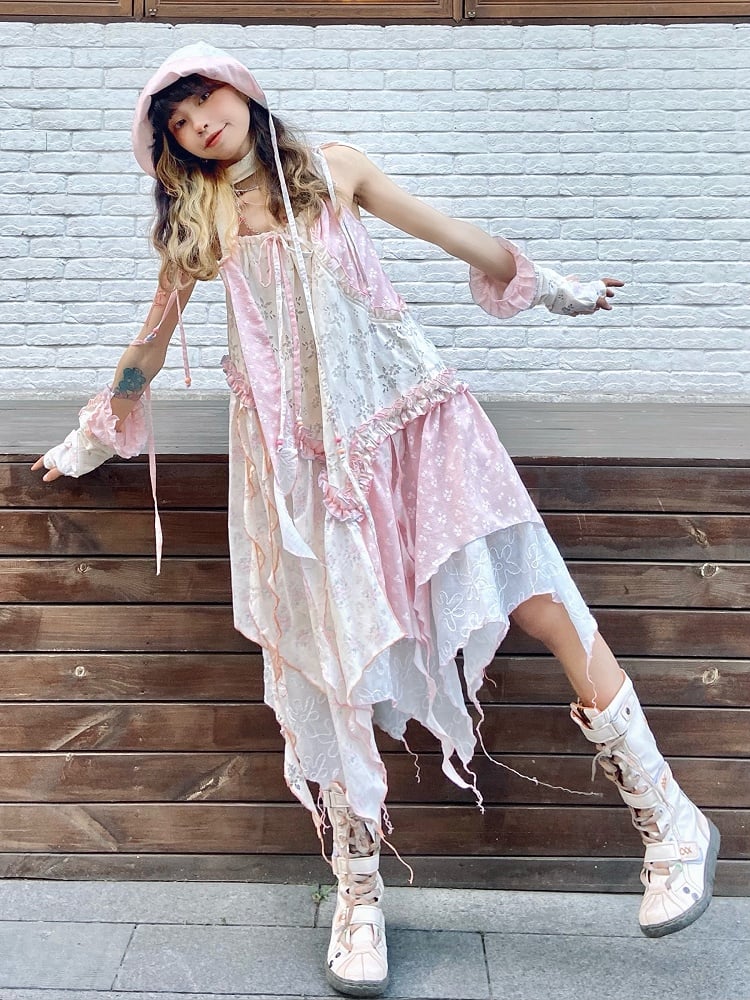 Beige Dress Hem Cami with Handkerchief Strap Trim Spaghetti Ruffle