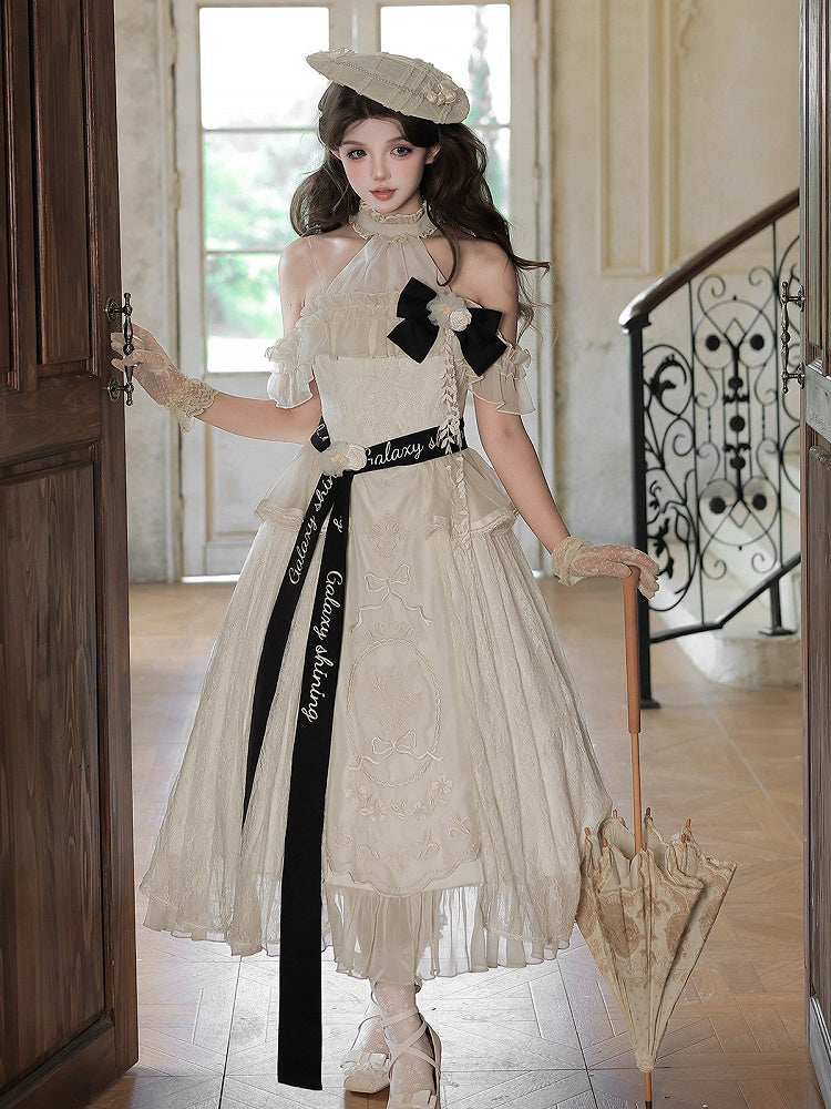 Beige Halter Neck Floral Embroidery Elegant Classic Lolita Dress with Bow - Unknown Star