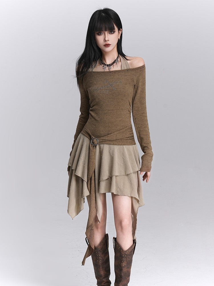 Khaki Faux Skirt Off-Shoulder Halter Handkerchief Two-Piece Hem Tiered Top Dress: Coffee Gothic