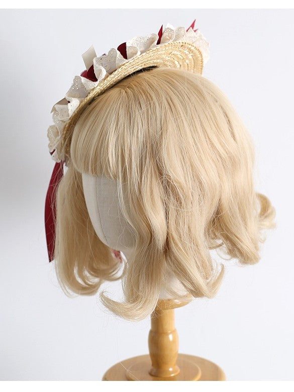 Sweet Daisy Decorated Bowknot Mini Hat Cherry Clips And Lolita Details BeigeRed with