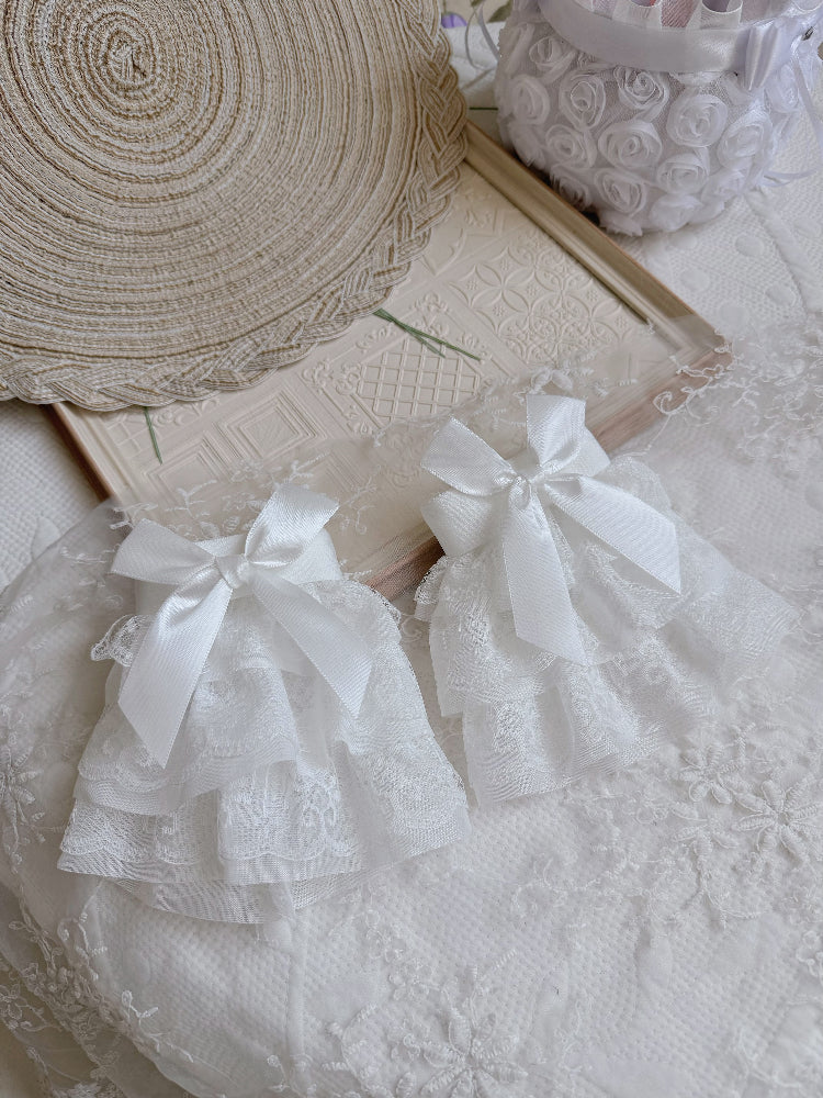 Pink/White/Black Bow Wrist Three-layered Cuffs Lace