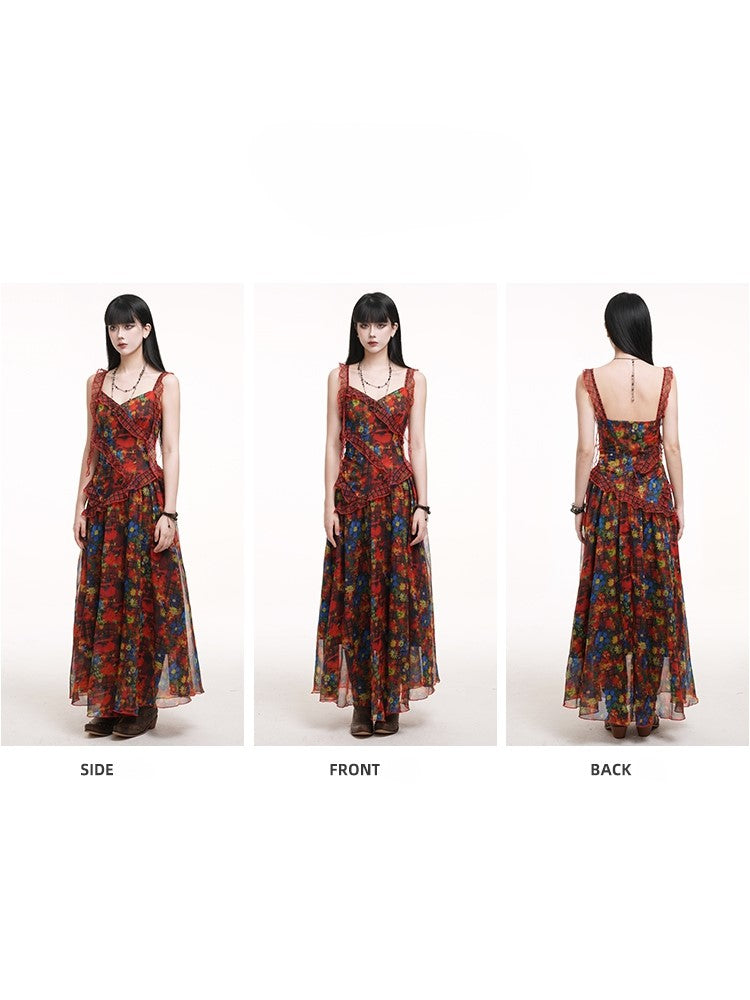 Cascading Dye Straps with Ribbon Red Slip Plaid Floral Dress Ruffles Tie