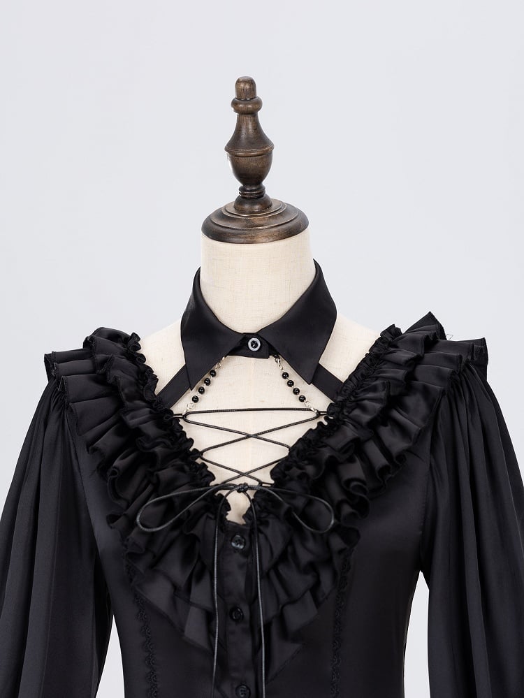 All Black Lace-up Ruffled V-neck Long Sleeves Backless Shirt - DevilInspired Exclusive Collection
