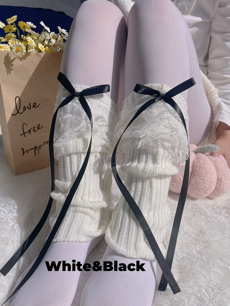 Gestrickte Beinwärmer mit Schleife und Spitzenmanschette in 9 Farben