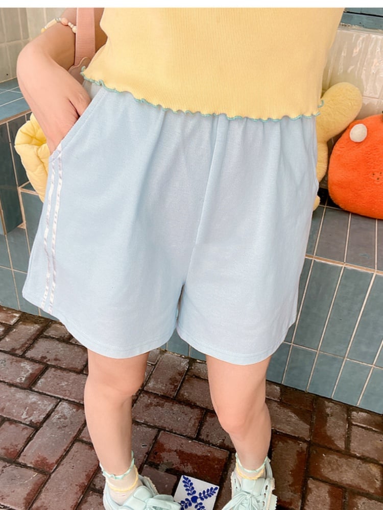Light Blue Elastic Waist Straight-leg Shorts
