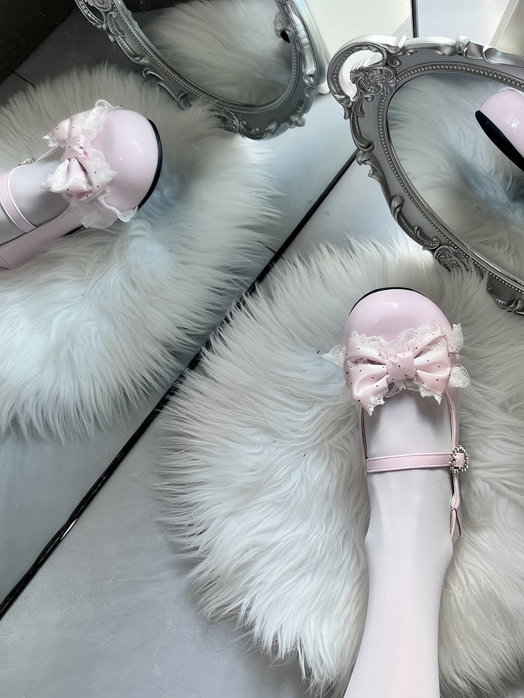 Pink Sweet Lolita Round Toe Flats - Polka Dot Bow with Lace Trim & Crystal Heart Snap