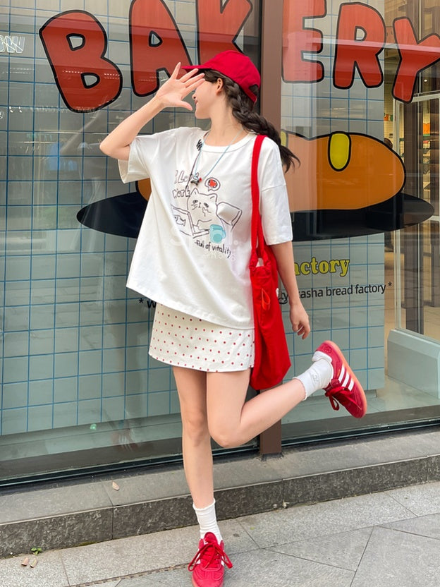 ホワイトラウンドネックキティプリントルーズTシャツ