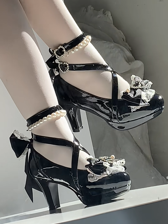 Janes High-heel Black Hime Lace-trimmed Closure Details Mary with Bow Lolita Snap Heart