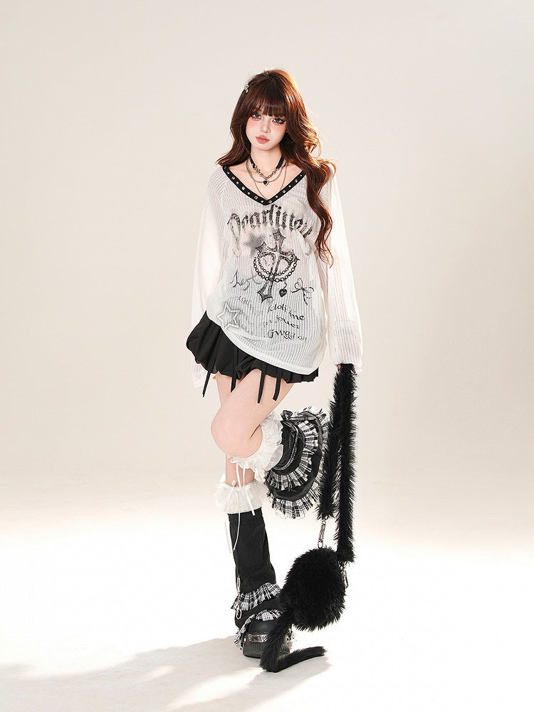 V-neck Cross Print Sun Protection Coverup Black/White