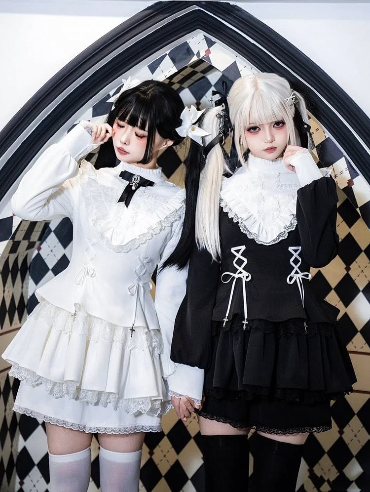 Rüschenträgerkleid Lolita Charm Ausschnitt Weiß Schnürung Kreuz Gothic