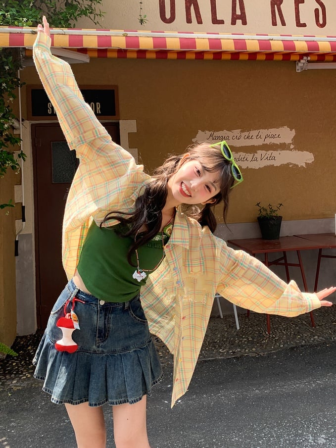 夏用ゆったりチェックシャツ(袖取り外し可能)イエロー/グリーン/レッド