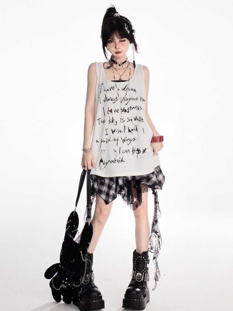 Y2K 黒と白のチェック柄ハンカチ裾カスケードフリルメッシュ