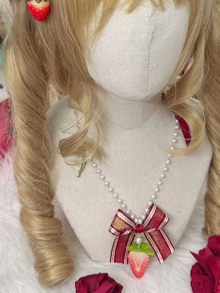 Ribbon Necklace Strawberry 2 Bow Decorations Pendant Options