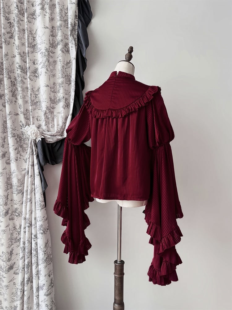 Striped Bell Fabric Gothic Blouse Sleeves Red Flounce