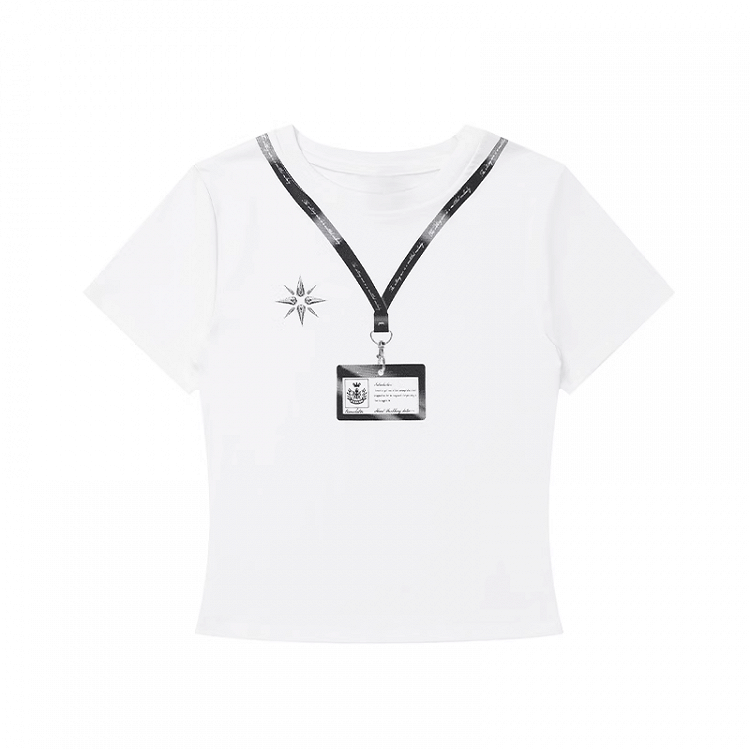 Tシャツ ホワイト ラウンドネック カードホルダー プリント スリムフィット