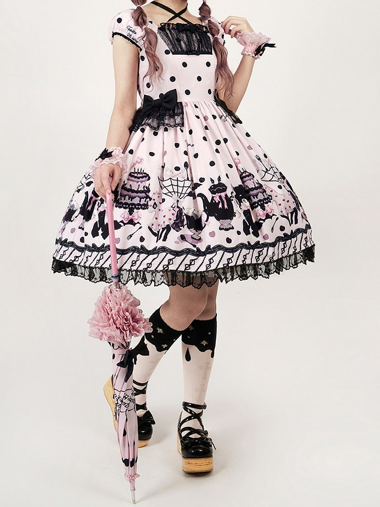 Lolita Black Dress Dot with Sweet Cat Polka Pink Accents Print Bow