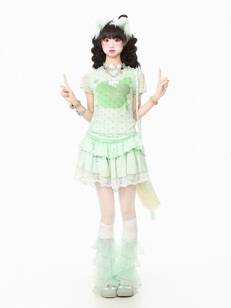 Green Double Layer Mesh Tee with Star Apple Print - Languid Park