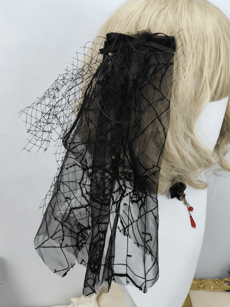 Gothic Rose Detachable With Bow Veil Wine Black Hairclip Red