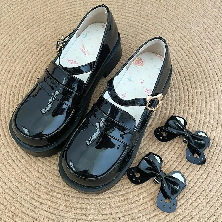 Ear Buckle - Shoes PU JK Heel Detachable Mid Black Bow Polished Academic with Style Bear