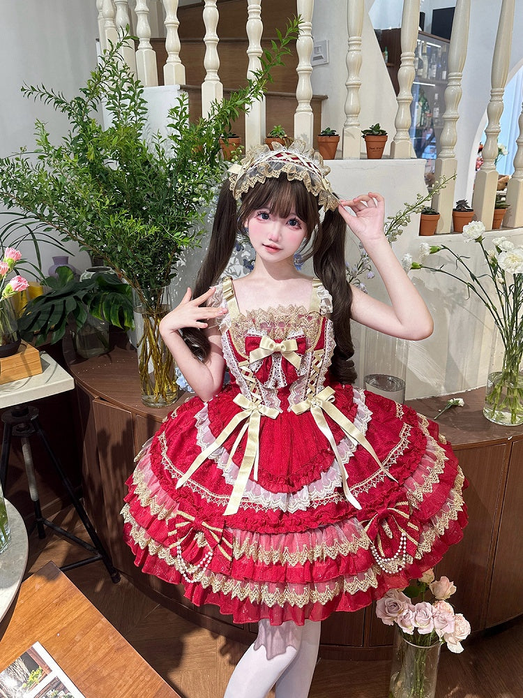 ドレス レッド プリンセス ティアード デコレーション ビーズ スカート リボン ロリータ チェーン