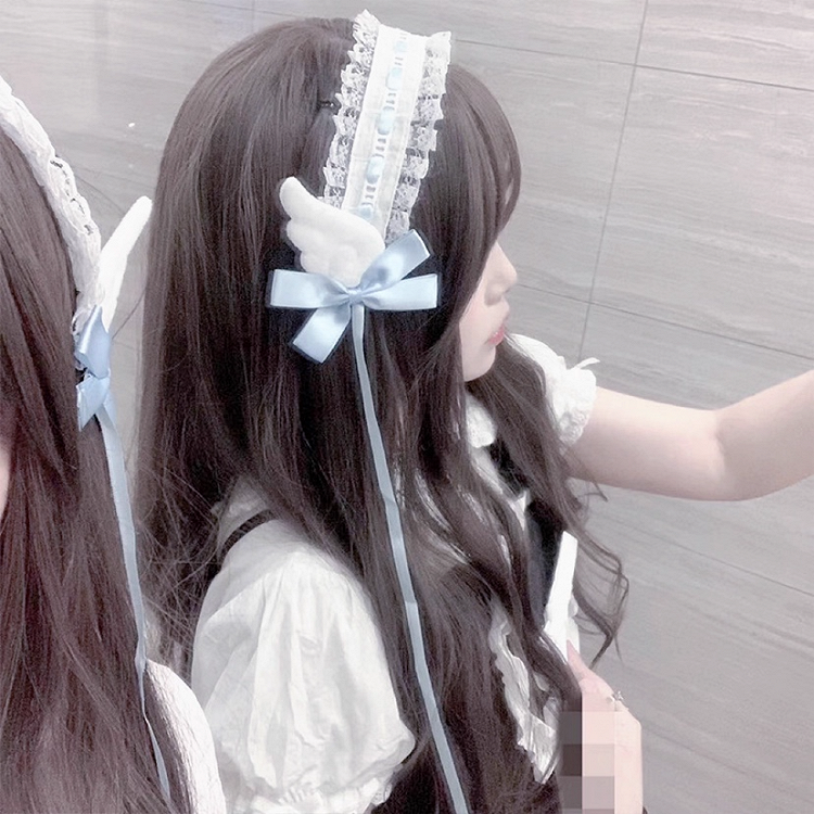 Jirai Kei Light Lace Hairband with Blue Plush Angel Wings Bow Ruffled