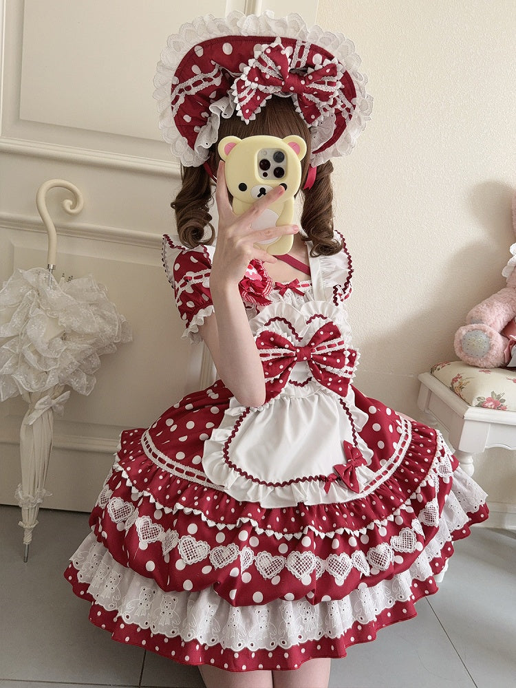 Red Dress Neckline Lolita White Short Polka Apron Sleeves Square Dots with