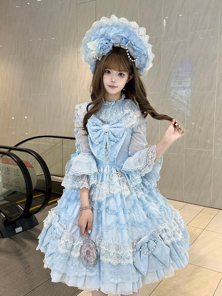 フリル付きロリータ 7分袖 リボン付きシャツ ネックライン ブルー Sサイズ