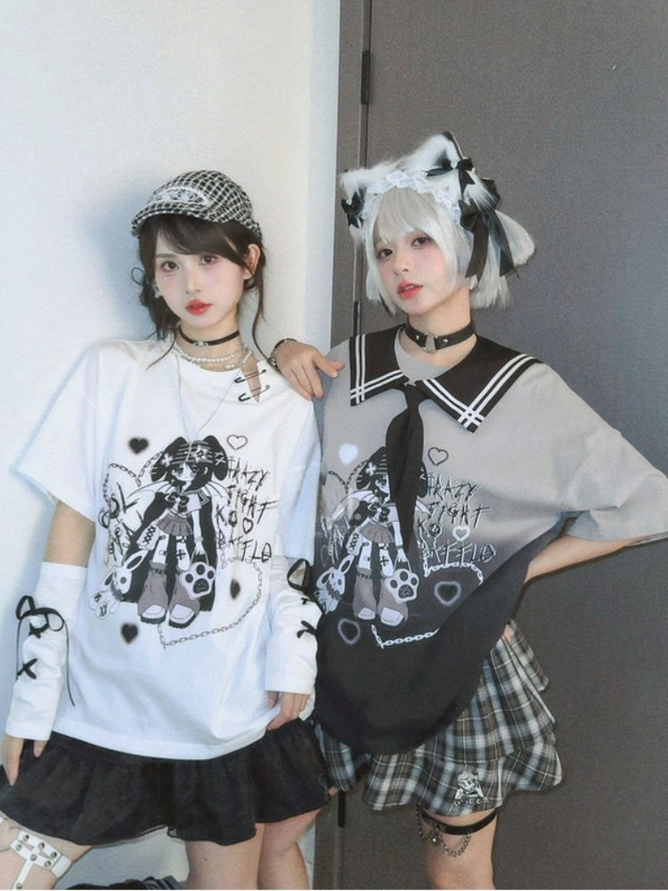 Mädchen Print Farbverlauf Schwarz T-Shirt Y2K Matrosenkragen Punk