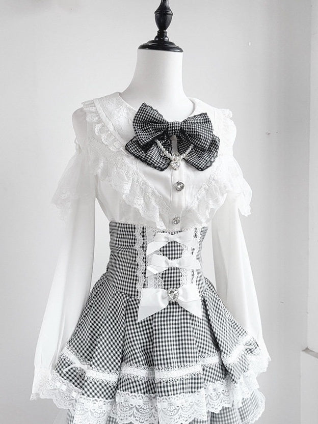 Tulle Small High-Waisted Black Skirt Bow White Jirai Kei with Gingham Lace Detail Double-Layer Rhinestone Decoration