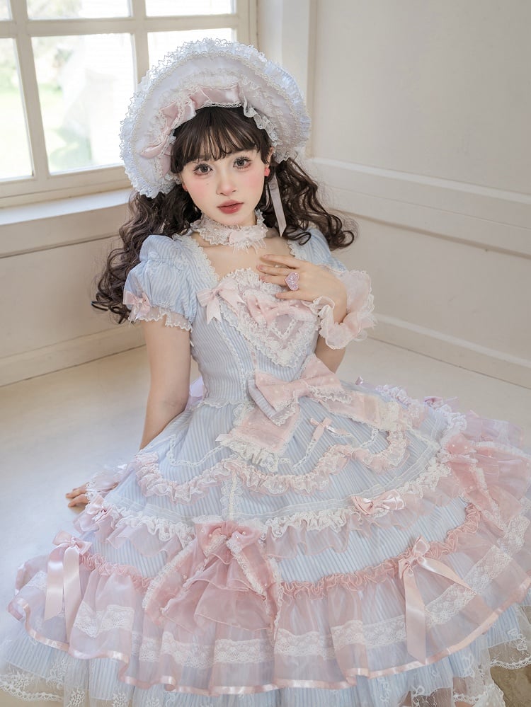 Short Sweet Lolita Princess and Details Bows Pink Blue Striped Dress Bead Sleeves