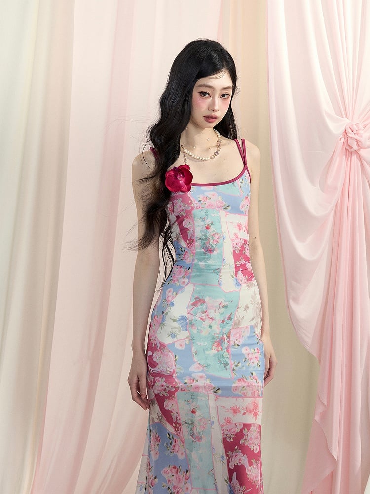 Slip Kleid Meerjungfrau Rock Druck Rückenfrei Blau Ölgemälde Blumen