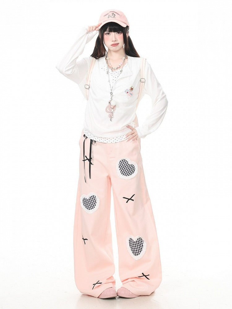 Fake Two-Piece White Polka Dot Long Sleeve Top with Badge Accents - Languid Park