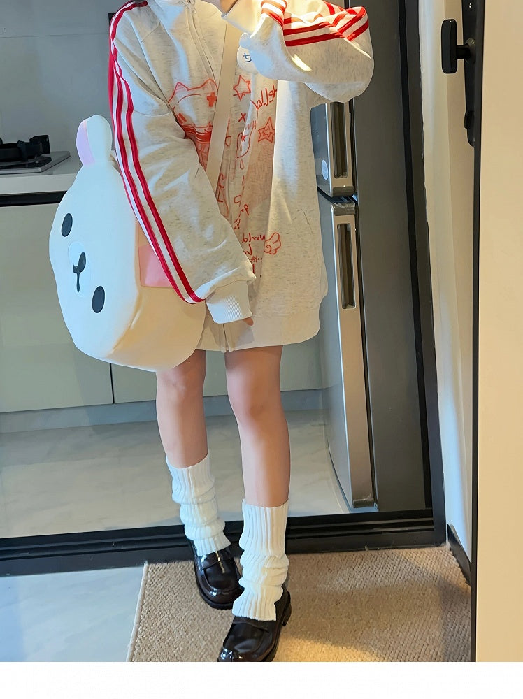 Cartoon Jacket with Striped Graphics Red Regular/Thicken White