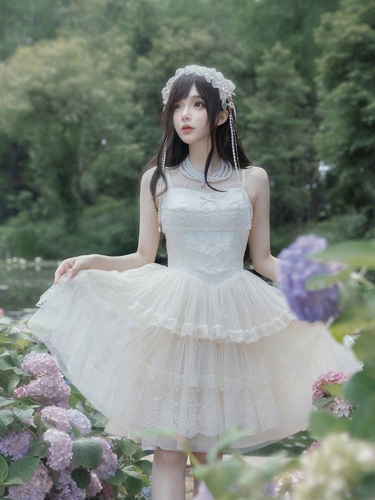 Beige Thin Strap Princess Lolita JSK Tiered Skirt - With PUJI