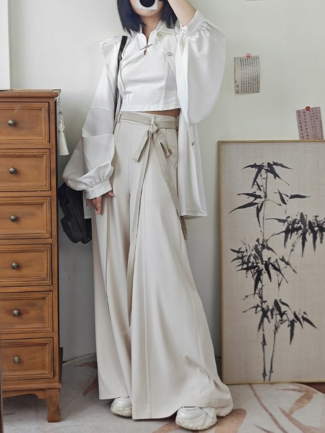 Back Zipper Waist Chinese Slash Pockets Discreet Beige at Front in Pants Wide-leg Style