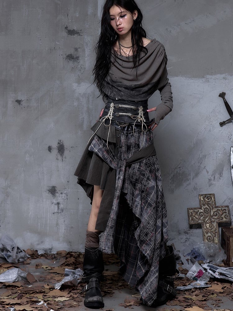 Asymmetrical Rock Front Ties with Vintage PU Hemline Knotted Punk Black Waistband Triangular Skirt Plaid