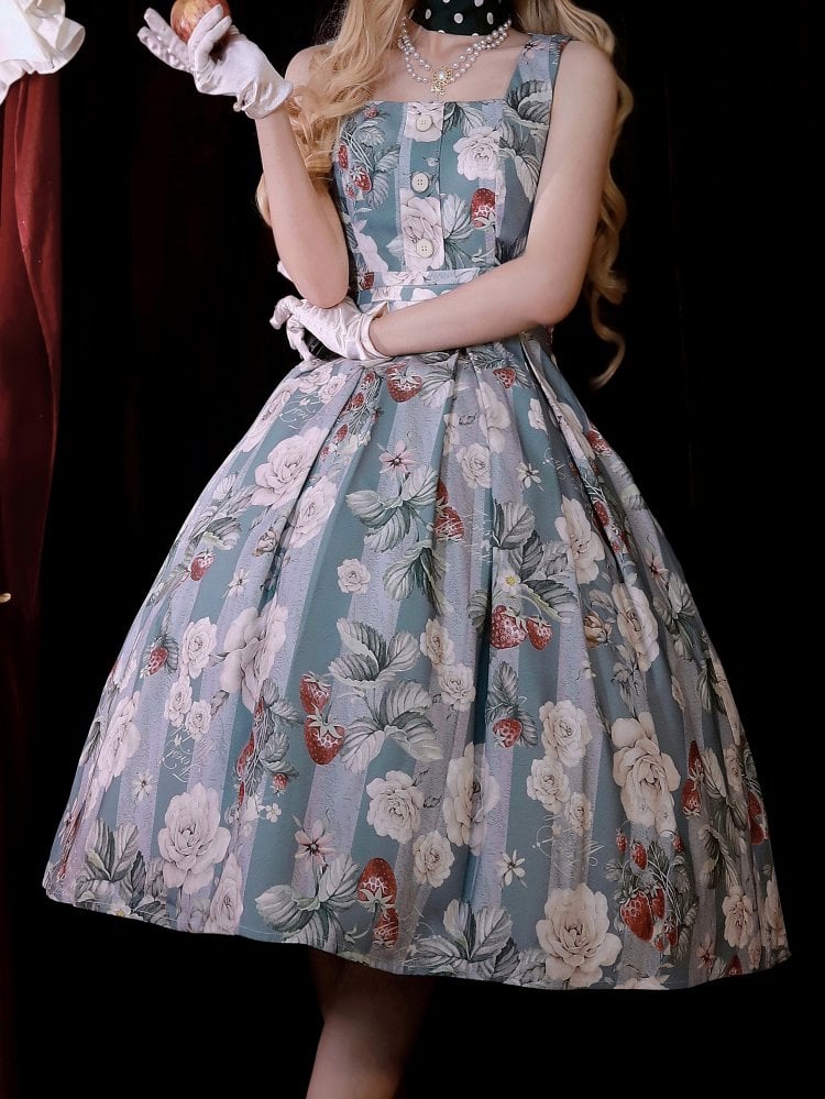 Staubblaues Erdbeer- und Rosen-Quadrat-Ausschnitt, elegantes klassisches Lolita-JSK-Kleid