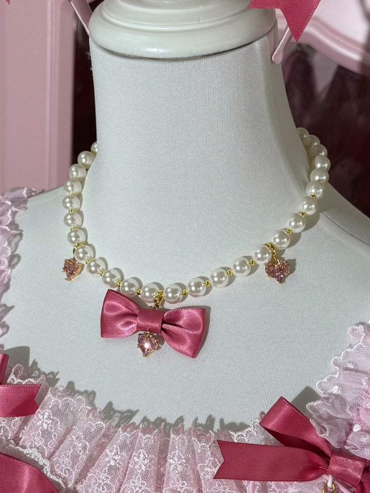 Red Heart Pink/Wine Beaded Neckalce Pendant Bowknot And